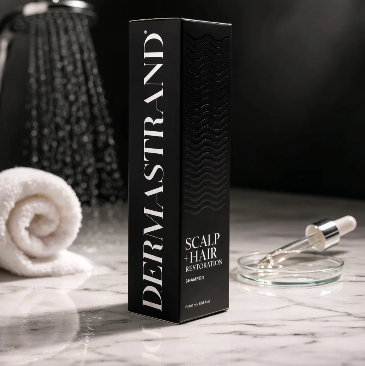 DERMASTRAND box on a marble surface beside a shower head