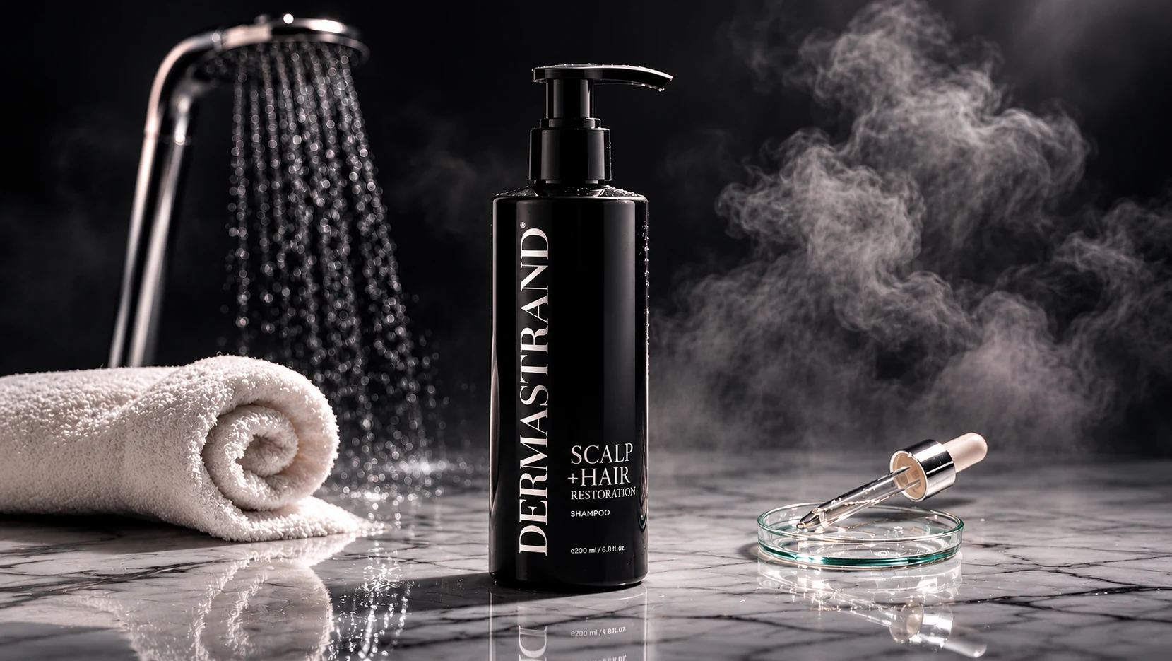 The DERMASTRAND bottle beside a running shower, a rolled towel and a dropper